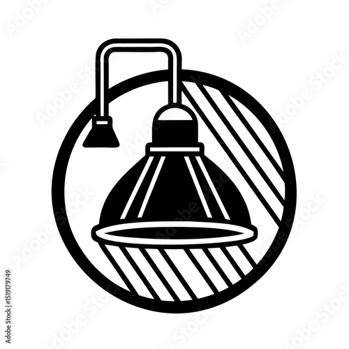 Black and white vector illustration of a decorative hanging lamp inside a circular frame