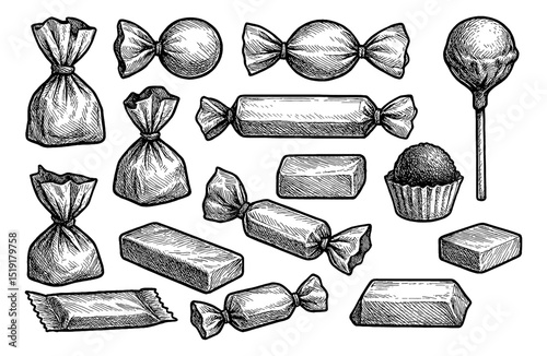 Detailed Sketch of Various Candy Types Including Wrapped and Unwrapped Sweets