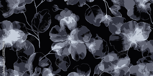 Elegant Monochrome Floral Seamless Pattern Dark Background Watercolor Design