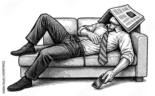 Man lying on sofa with newspaper on face, holding mobile phone, engrave style art