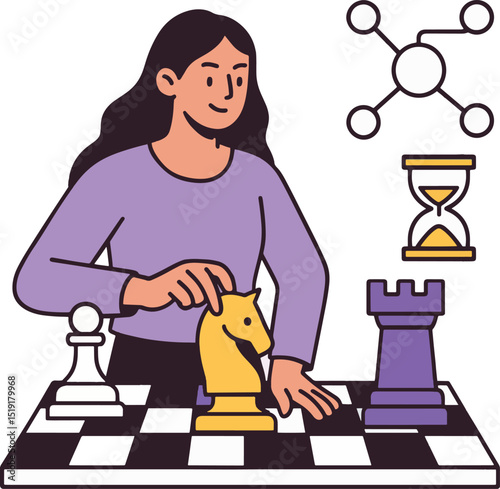Chess Strategy Vector Illustration. Woman Playing Chess