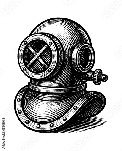 Engraved Illustration of Vintage Diving Helmet with Intricate Details in Black and White