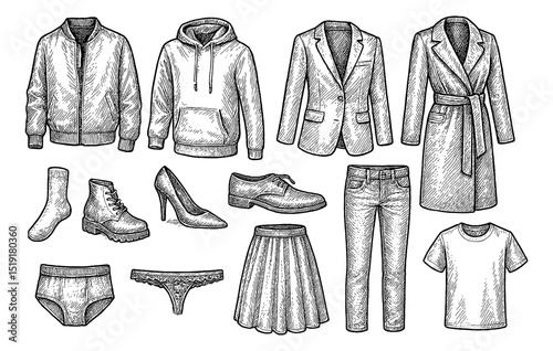 Collection of Different Clothing Items in Detailed Engraved Style Black and White Vector