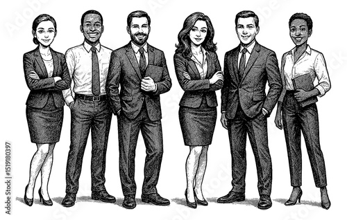 Diverse Business Team Standing Together Smiling in Professional Attire Black and White Drawing