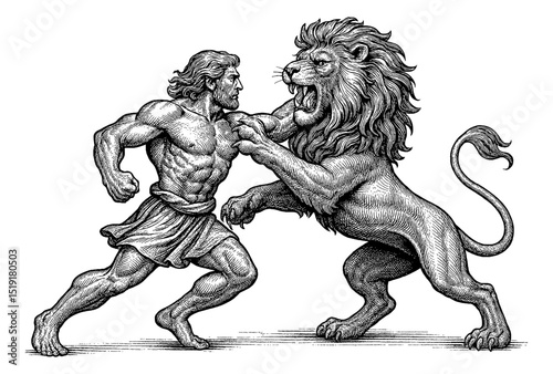 Hercules wrestling a lion in a powerful showdown, detailed engraving, epic battle, strength.