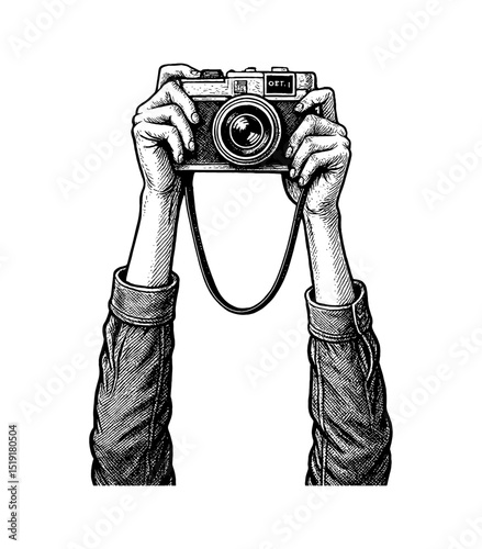 Illustration of hands holding a vintage camera in a black and white engraving style art