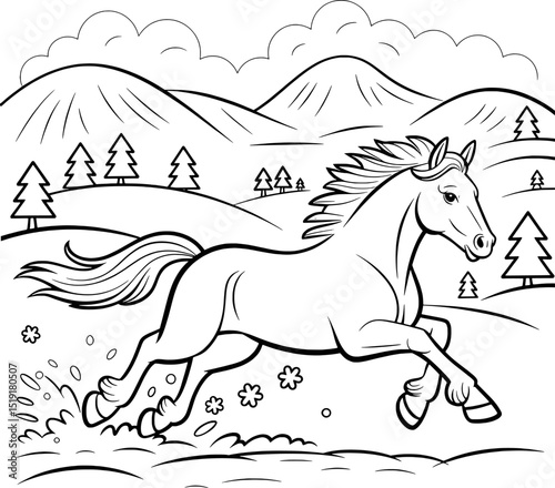 Galloping horse in a snowy mountain landscape coloring page
