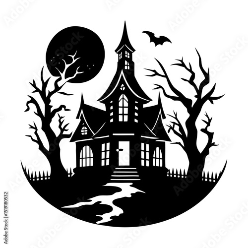 Spooky silhouette illustration featuring a haunted house under a full moon on halloween night