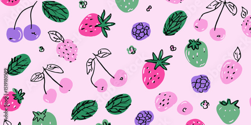 Sweet Berry Seamless Pattern Pink Background with Cherries, Strawberries, and Raspberries