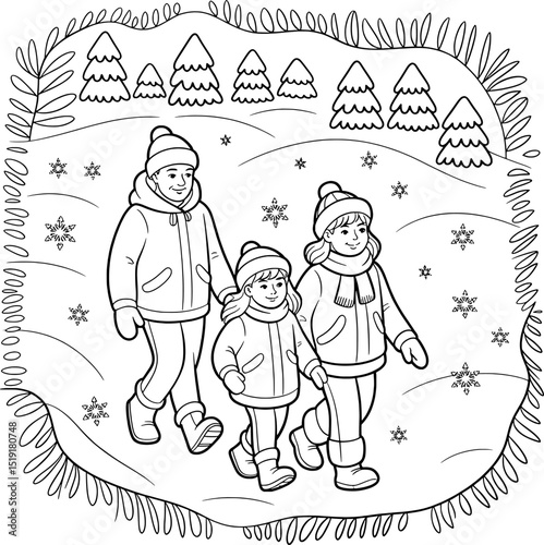 Happy family winter walk snowy landscape coloring page