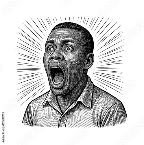 Engraved Black Man Screaming Loudly with Shocked Expression and Radial Lines Background