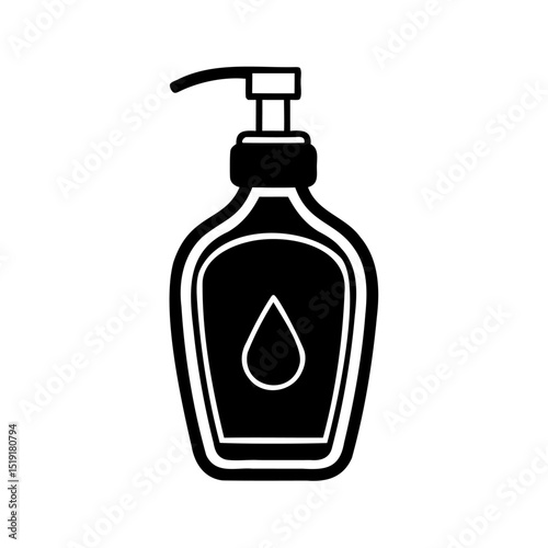 Black and white illustration of a soap dispenser bottle design icon for hygiene