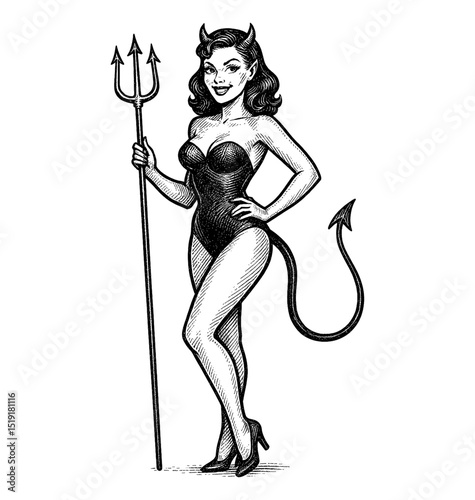 Illustration of a Smiling Pinup Devil Woman Holding a Trident with Her Hand on Her Hip