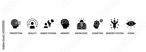 Perception banner web icon set vector illustration concept with icon of perception, reality, under staging, memory, knowledge, cognition, sensory system, vision