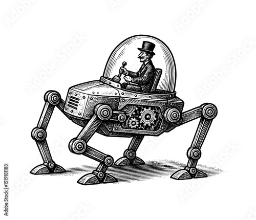 Man in Steampunk Vehicle with Legs in Engraving Style Black and White Illustration