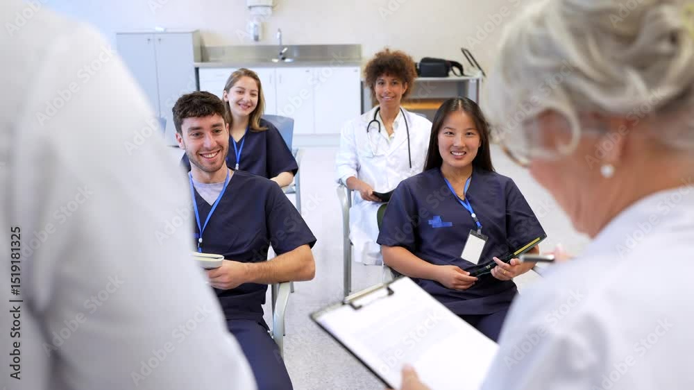 Medical students listening to senior doctor during hospital training
