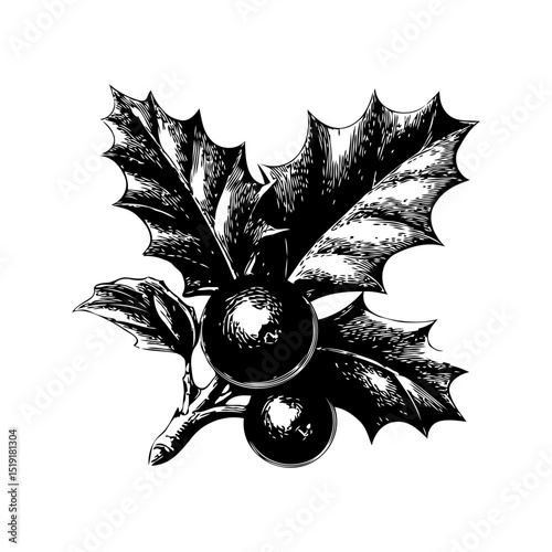 Detailed hand-drawn illustration of a holly branch with berries and spiky leaves on white background, symbolizing winter or holiday season