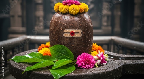 Close-up of Shiva Lingam with bel leaves, datura flowers and water drops, bottom copy space.