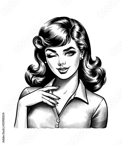 Vintage Engraving Illustration of a Winking Woman with Curly Hair and Hand Gesture