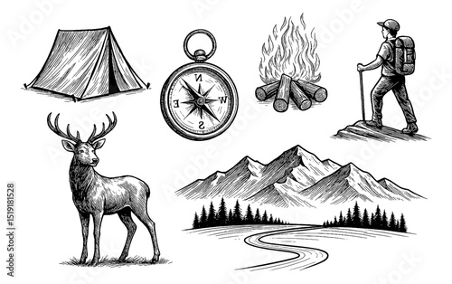 Camping Adventure Engraved Vector Illustration with Tent Compass Deer Bonfire and Hiker