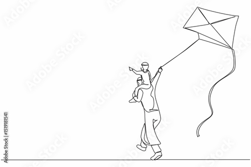 Continuous one line drawing back view Arabian daddy gives happy boy son piggyback ride flying kite outdoors. Father carry son on shoulders and fly kite in countryside. Single line draw design vector