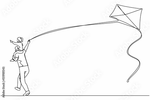 Single one line drawing back view happy family father carrying daughter on shoulders run with kite. Father and child daughter spending free time together. Continuous line draw design graphic vector