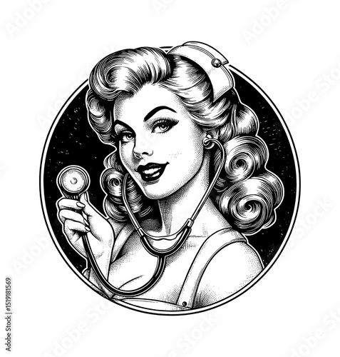 Attractive Caucasian nurse in retro style with stethoscope smiling in black and white illustration