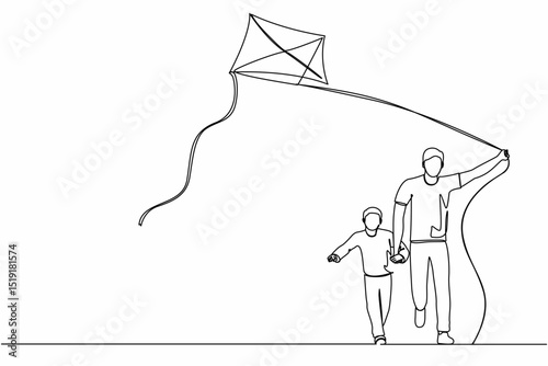 Single continuous line drawing young father and son launching kite together parenting fatherhood concept dad spending time with kid full length. Dynamic one line graphic design vector illustration