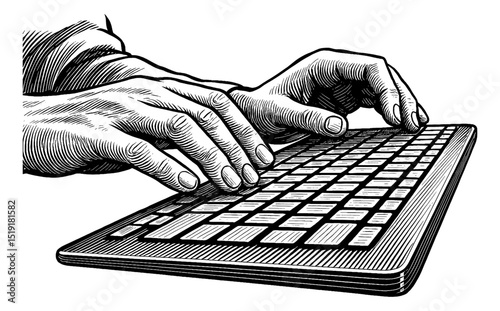 Hands Typing on Keyboard with Detailed Engraved Style on White Background