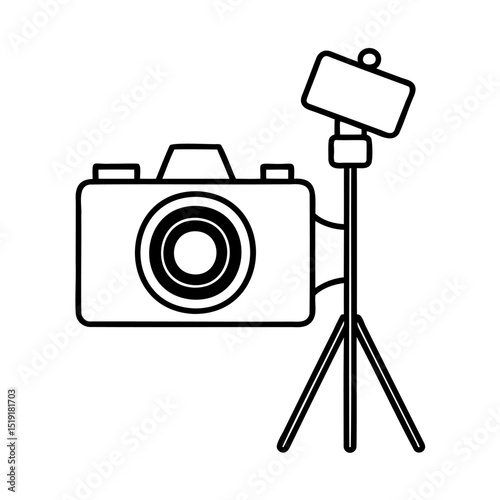 Line drawing of a camera and phone with a tripod for photography and content creation