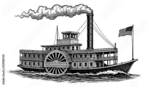 Engraved Steamboat with American Flag on the Water in Black and White Detailed Illustration