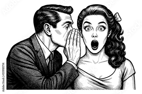 Man Whispering Secret to Surprised Woman with Open Mouth in Black and White Detailed Illustration