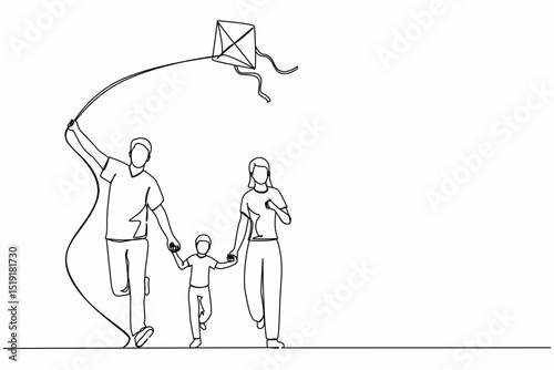 Single continuous line drawing family weekend with parents and child walking in the park. Fun family running, rest at nature on vacation. Dad, mom, and boy launches kite. One line draw design vector
