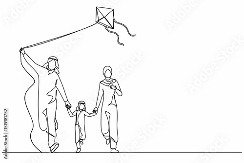 Continuous one line drawing Arab family weekend with parents and child walking in park. Fun family running, rest at nature on vacation. Dad, mom, and son launches kite. Single line draw design vector