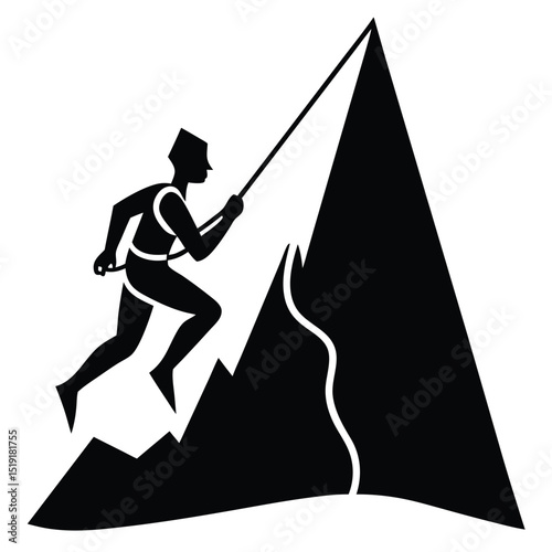 A climber ascending a mountain peak with a rope from a dynamic side view