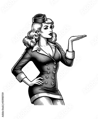 Attractive Blond Woman Air Hostess Presenting with Hand in Black and White Engraving Style