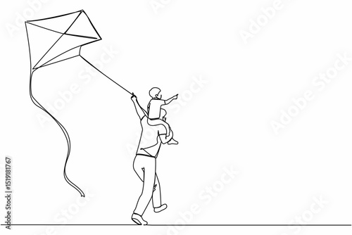 Single continuous line drawing back view daddy gives happy boy son piggyback ride flying kite outdoors. Father carry laughing son on shoulders and fly kite in countryside. One line draw design vector