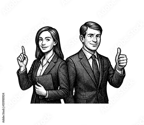 Business People, Man Giving Thumbs Up and Woman Pointing Upward in Engraving Style Illustration