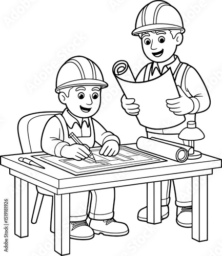 Two construction workers reviewing blueprints together