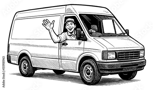 Smiling Man Driving Van Waving Hand in Detailed Black and White Engraved Illustration