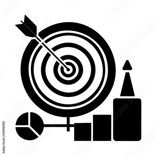 Business target achieved illustrated with dartboard pie chart and data representation