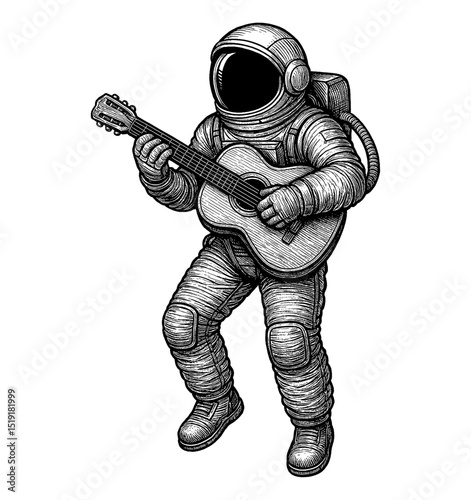 Astronaut Plays Guitar with Detailed Engrave Art Style in Black and White Colors
