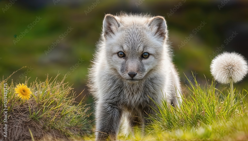 Naklejka premium Arctic Fox Cub Amongst Dandelions Playful IcyWhite Cub Frolics Near Yellow Bloom Against a Backdrop of Snowy Arctic Landscape, Capturing the Purity and Joy of Nature in Springtime.
