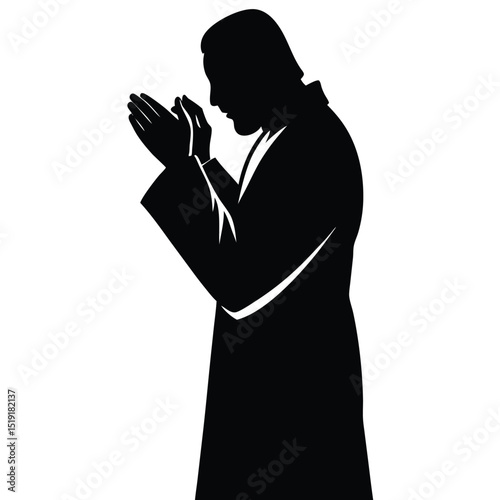 A silhouette of a person praying in a serene environment from a side viewpoint