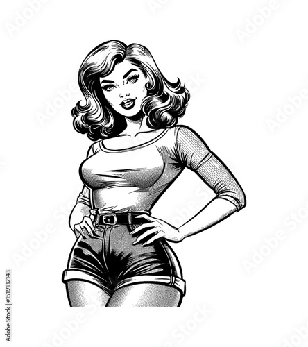 Attractive Caucasian Woman Posing with Hands on Hips in Pinup Style Black and White Drawing