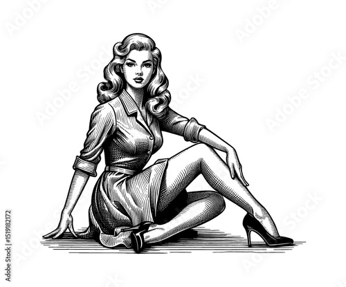 Elegant Woman with Wavy Hair Sitting on Floor in Dress and Heels in Detailed Engraving