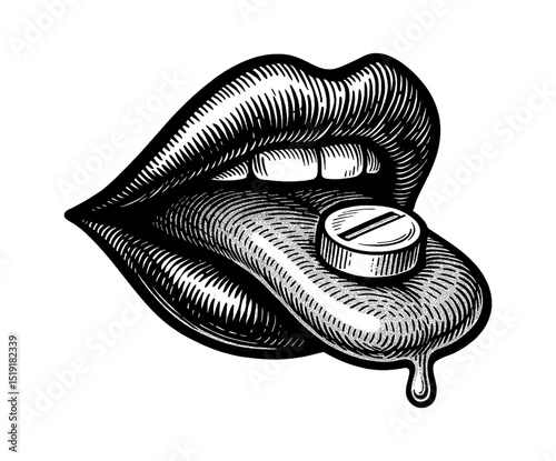 Illustration of Lips with Tongue Sticking Out Holding a Pill in Engrave Style