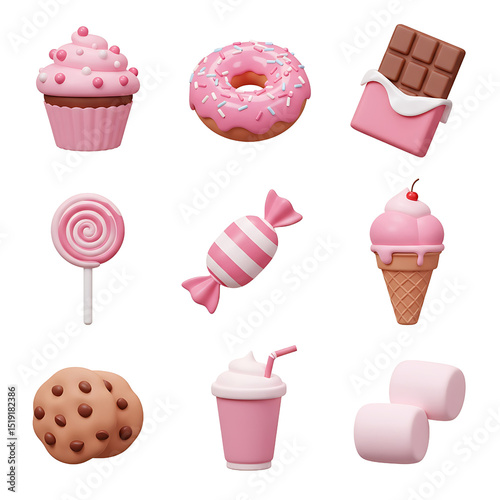 Assorted Pink Sweets: Cupcake, Donut, Chocolate, Lollipop, Candy, Ice Cream, Cookies, Shake, Marshmallows photo