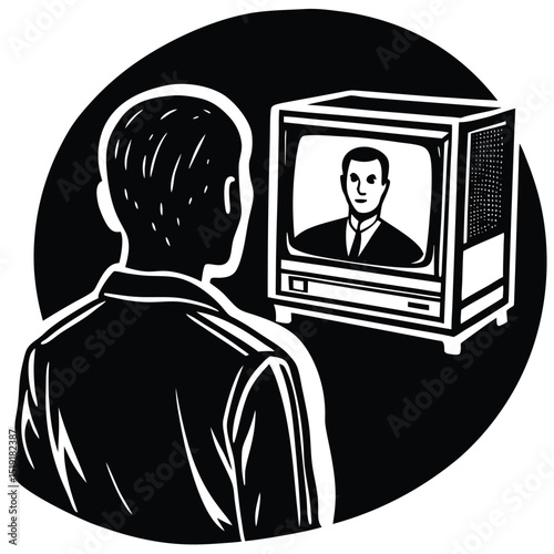 Man viewing vintage television broadcast of suited man from behind in monochrome illustration
