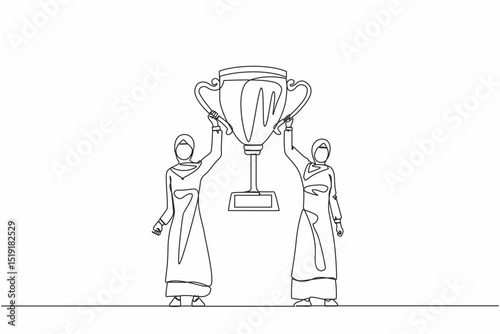 Single one line drawing two women holding golden goblet together. Winners celebrating victory. Arab businesswoman with prize, trophy cup. Celebration business team success. Continuous line draw design